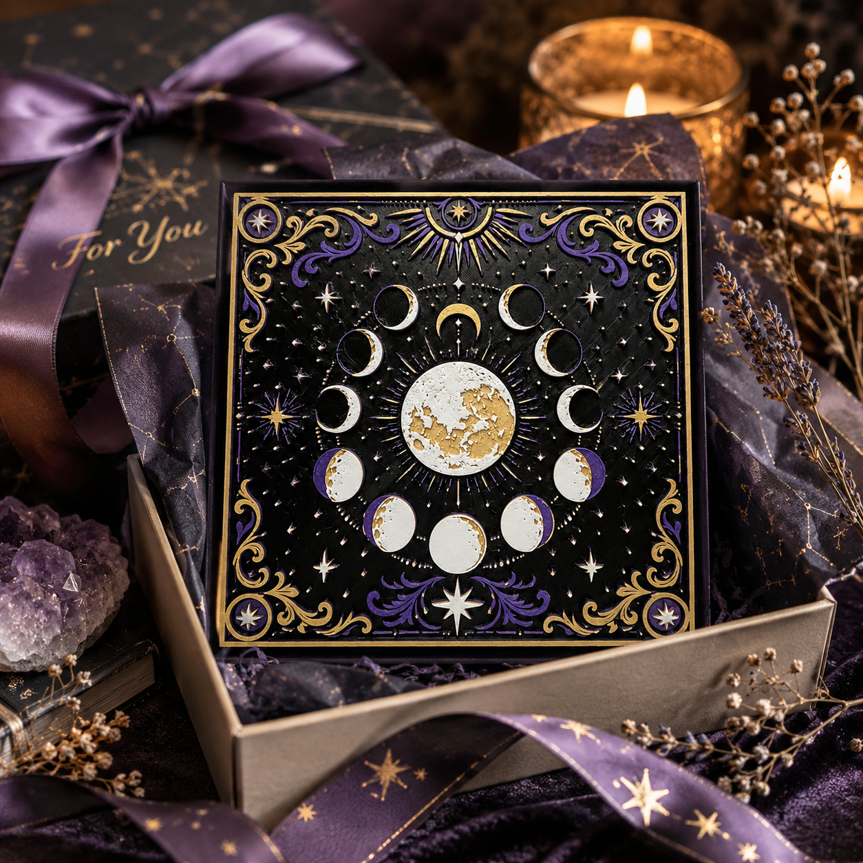 Celestial Moon Phases Layered Wall Art – Purple & Gold Mystical Decor