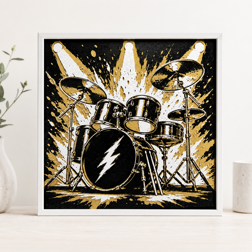 Rock & Roll Drum Kit Wall Art – Black, White & Gold Music Decor – 8" x 8"