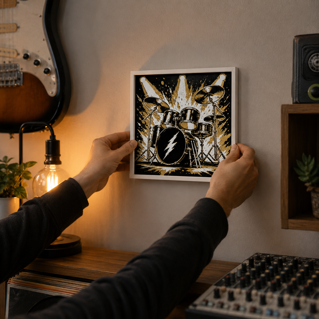 Rock & Roll Drum Kit Wall Art – Black, White & Gold Music Decor – 8" x 8"