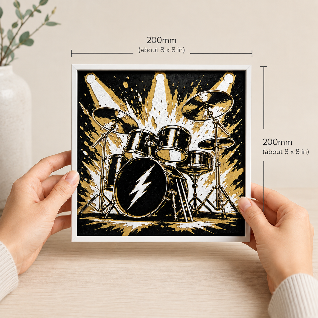 Rock & Roll Drum Kit Wall Art – Black, White & Gold Music Decor – 8" x 8"