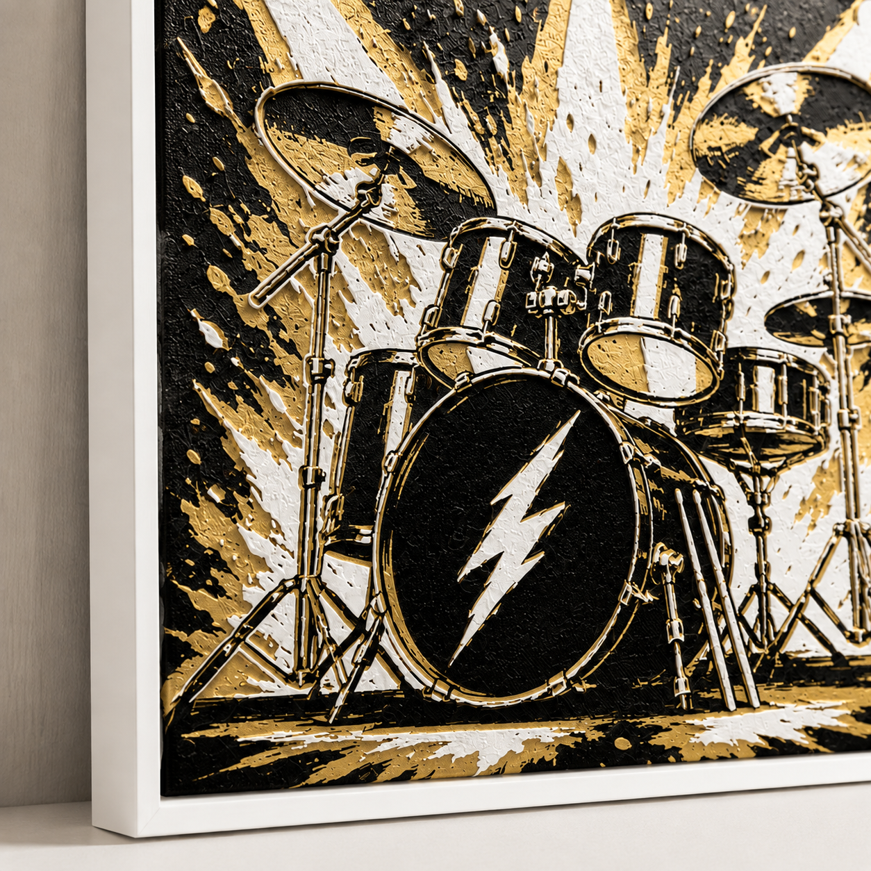 Rock & Roll Drum Kit Wall Art – Black, White & Gold Music Decor – 8" x 8"