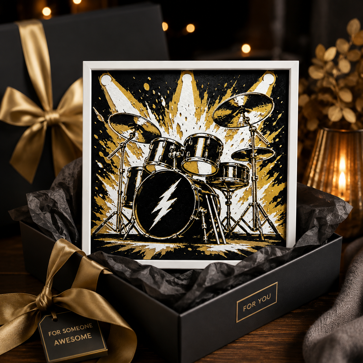 Rock & Roll Drum Kit Wall Art – Black, White & Gold Music Decor – 8" x 8"
