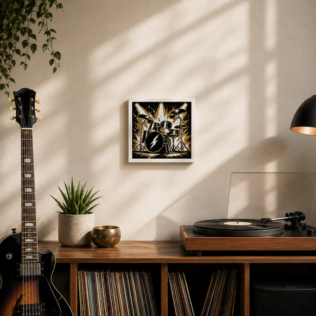 Rock & Roll Drum Kit Wall Art – Black, White & Gold Music Decor – 8" x 8"