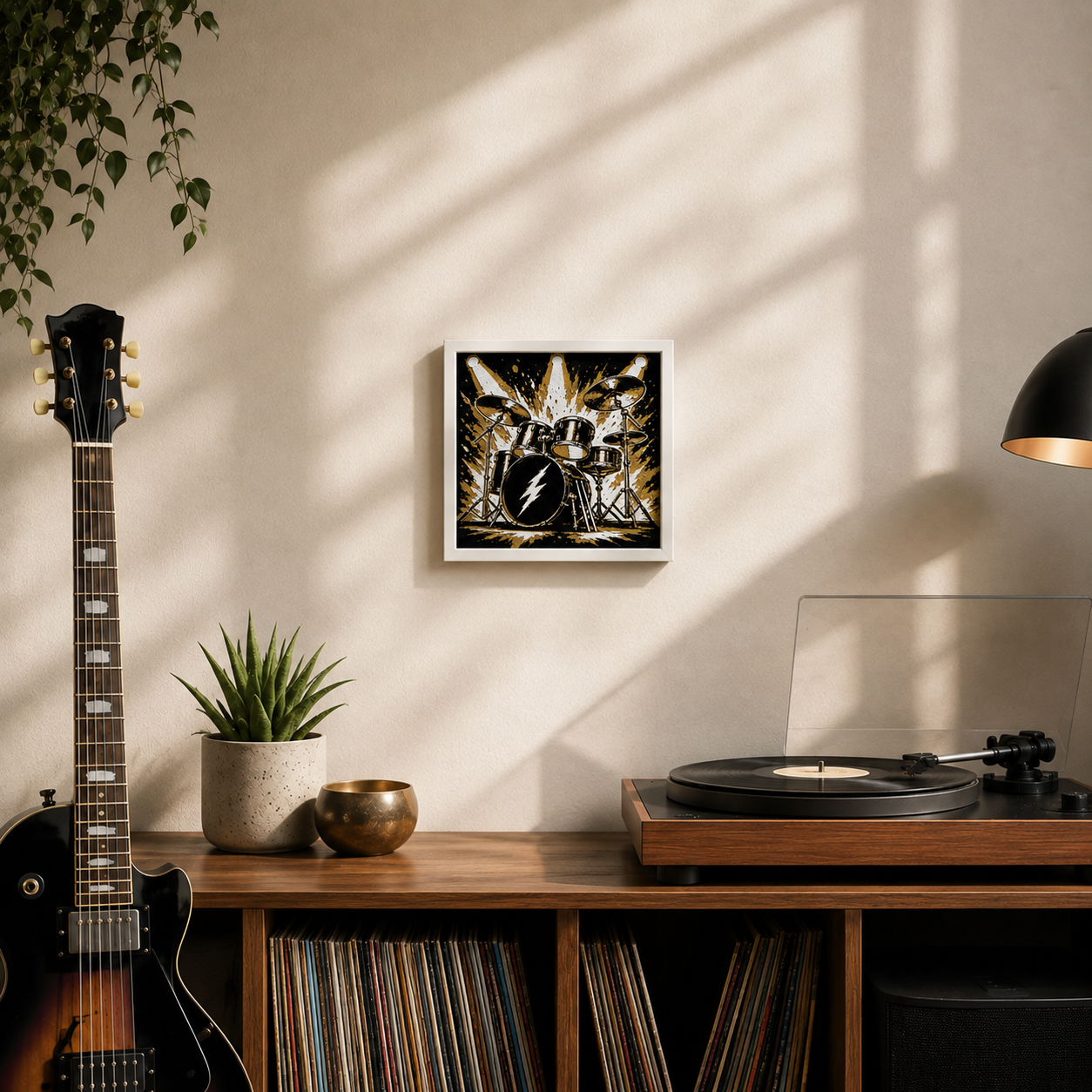 Rock & Roll Drum Kit Wall Art – Black, White & Gold Music Decor – 8" x 8"
