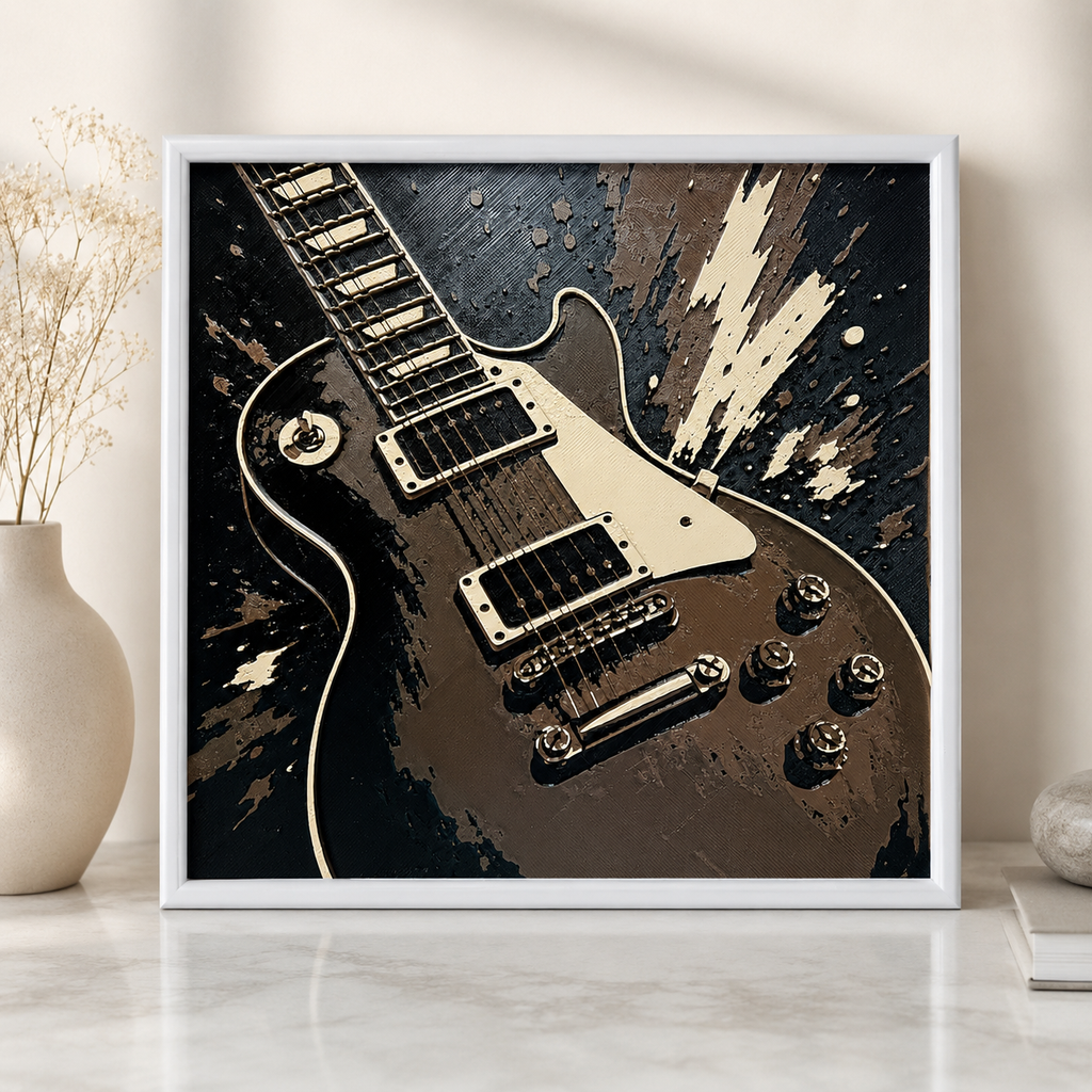 Electric Guitar Wall Art – Black, Bronze & Cream Music Decor – 8" x 8"