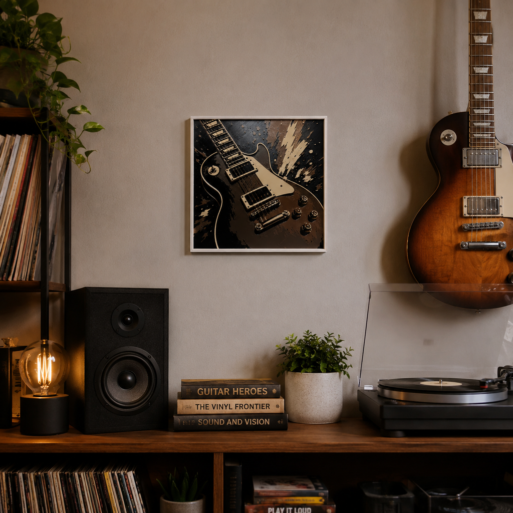 Electric Guitar Wall Art – Black, Bronze & Cream Music Decor – 8" x 8"