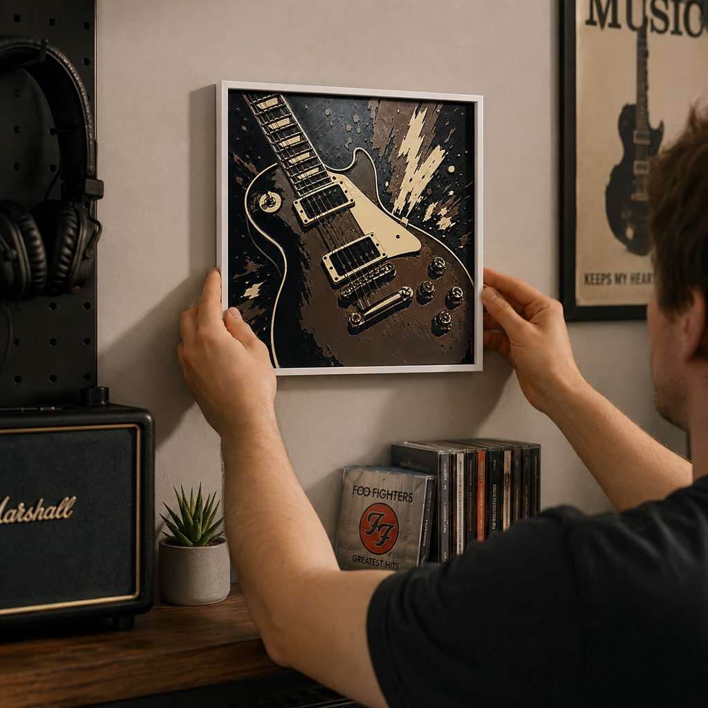 Electric Guitar Wall Art – Black, Bronze & Cream Music Decor – 8" x 8"