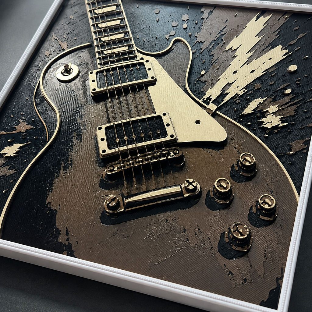 Electric Guitar Wall Art – Black, Bronze & Cream Music Decor – 8" x 8"