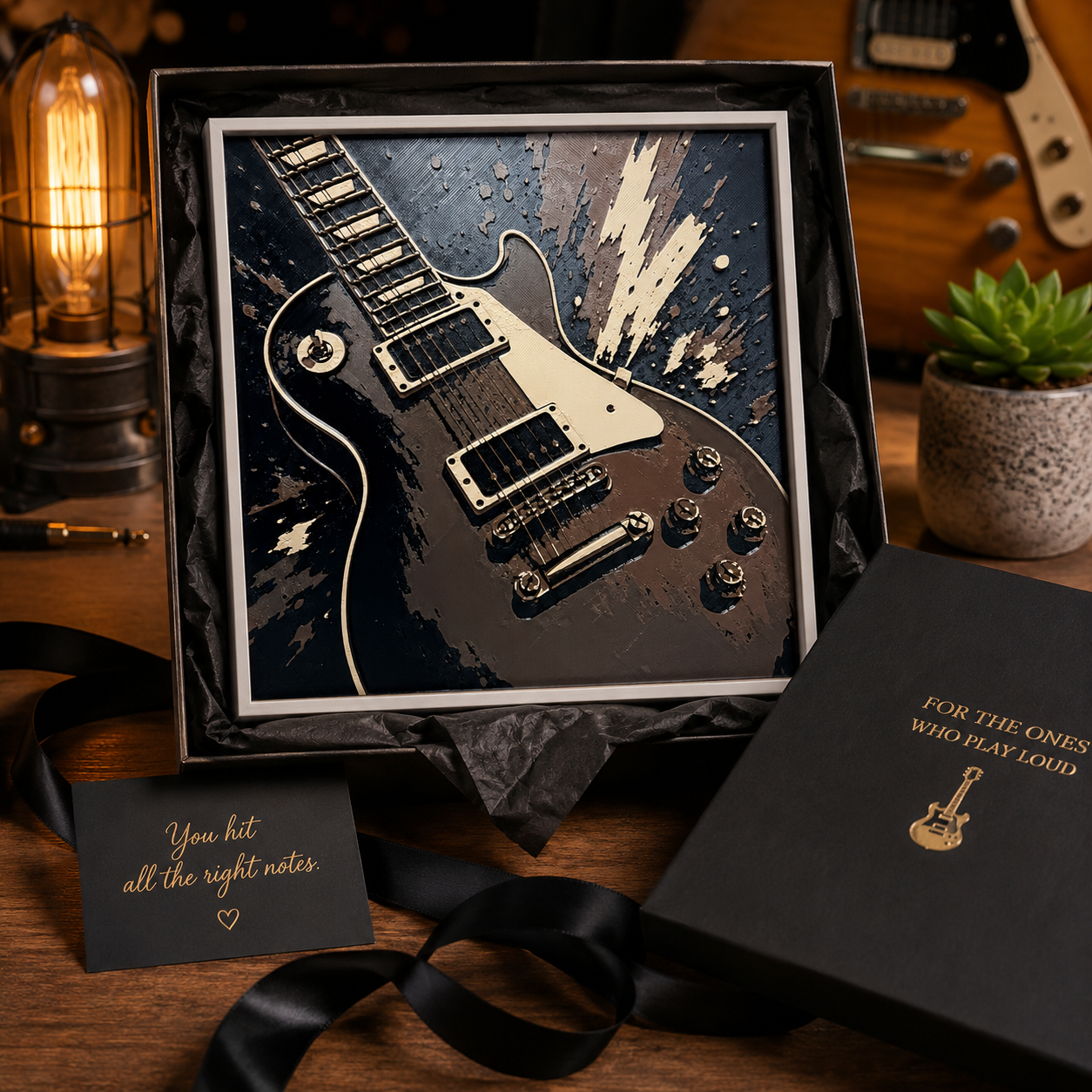 Electric Guitar Wall Art – Black, Bronze & Cream Music Decor – 8" x 8"