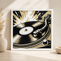 Retro Vinyl Record Player Wall Art – Black, Cream & Gold Music Decor – 8" x 8"