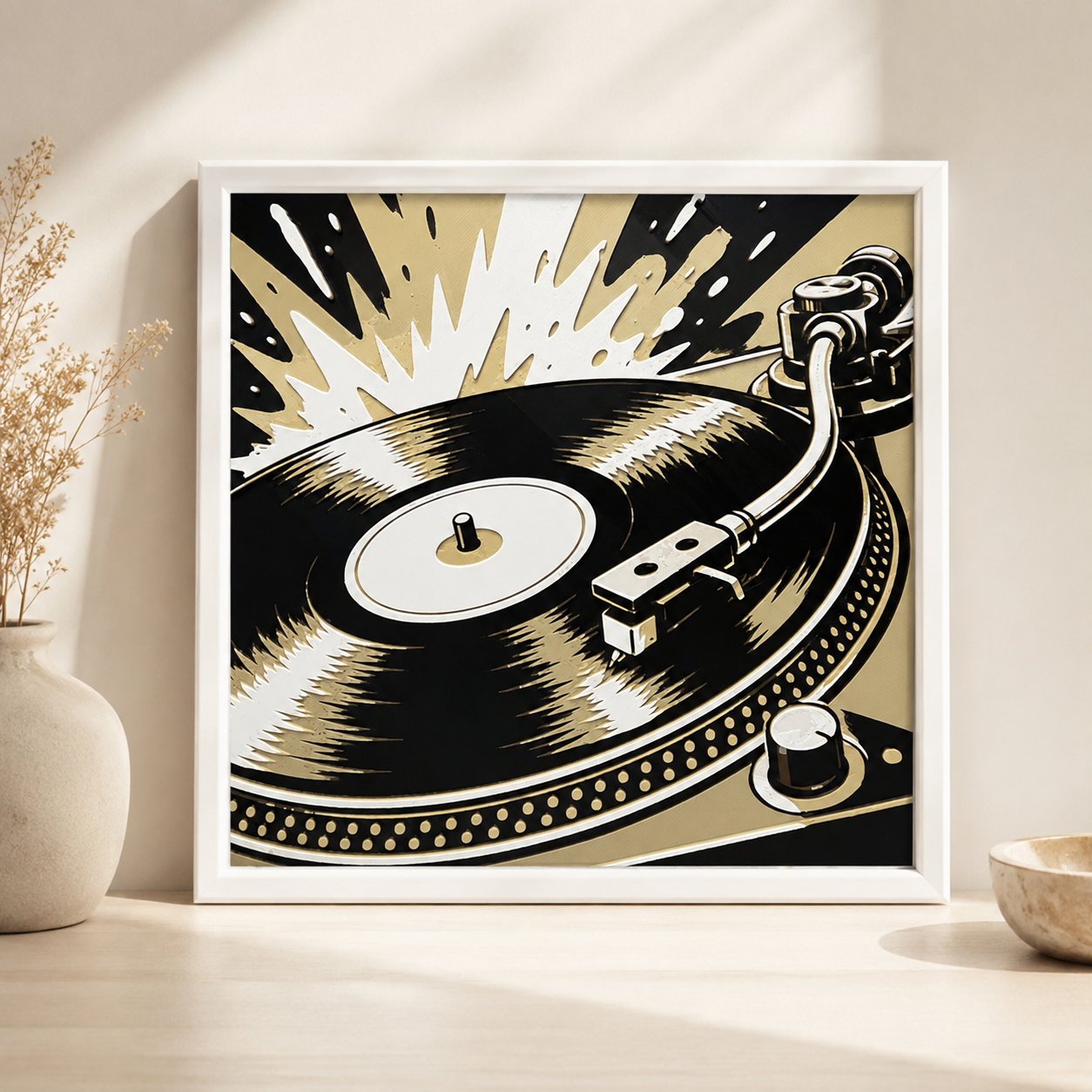 Retro Vinyl Record Player Wall Art – Black, Cream & Gold Music Decor – 8" x 8"