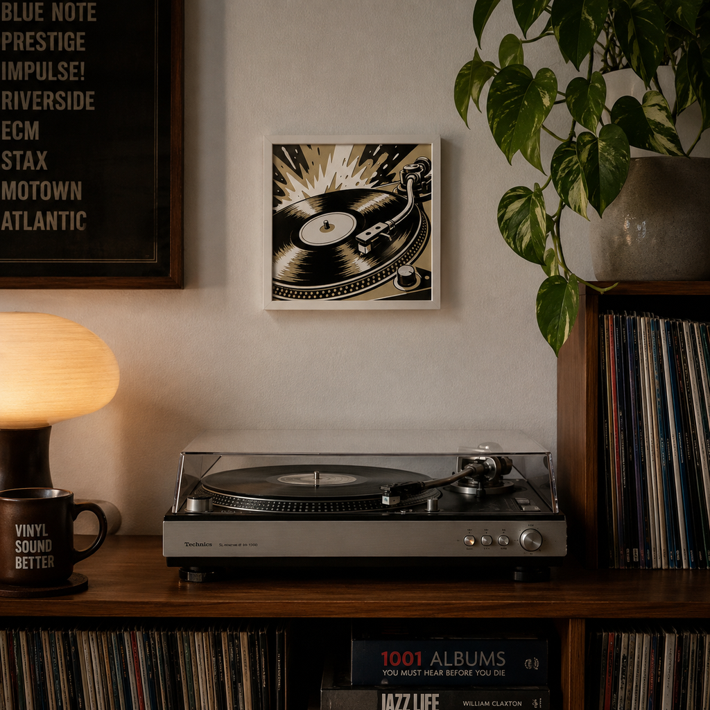 Retro Vinyl Record Player Wall Art – Black, Cream & Gold Music Decor – 8" x 8"