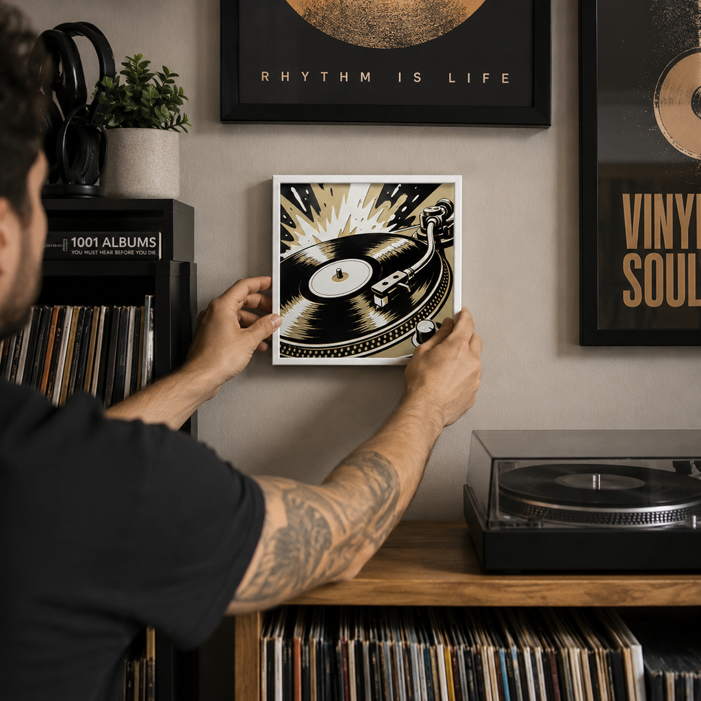 Retro Vinyl Record Player Wall Art – Black, Cream & Gold Music Decor – 8" x 8"