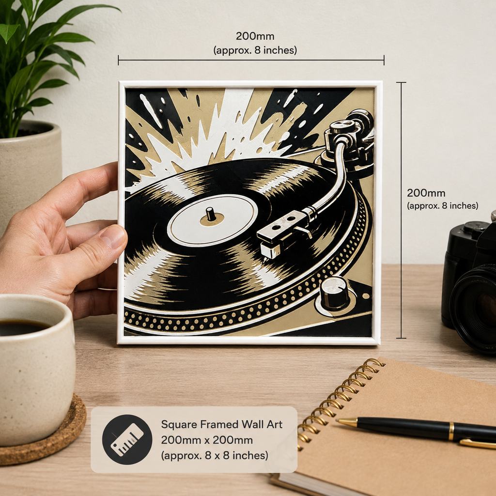 Retro Vinyl Record Player Wall Art – Black, Cream & Gold Music Decor – 8" x 8"