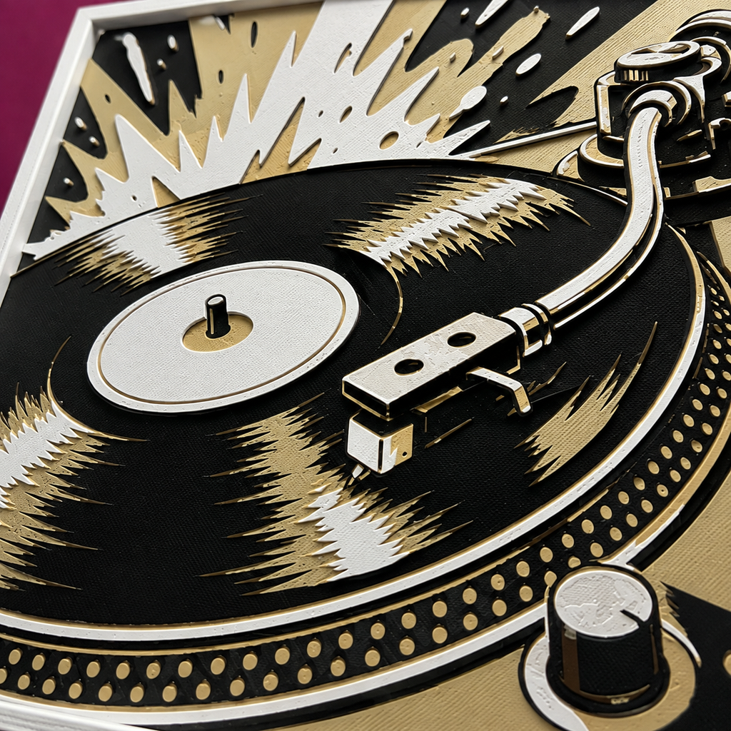 Retro Vinyl Record Player Wall Art – Black, Cream & Gold Music Decor – 8" x 8"