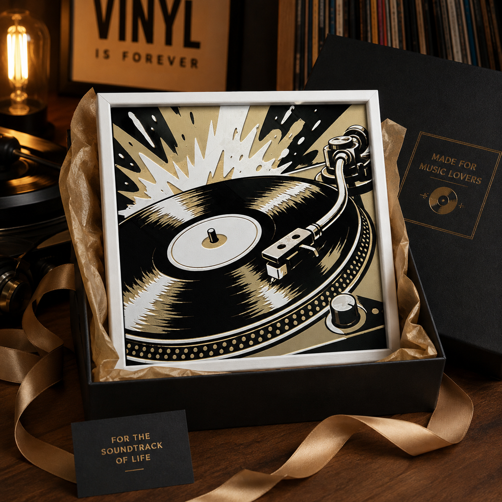 Retro Vinyl Record Player Wall Art – Black, Cream & Gold Music Decor – 8" x 8"