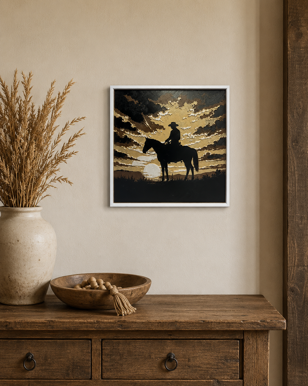 Cowboy Sunset Layered Wall Art – 8" Western Horse Décor – Framed Rustic Cowboy Art