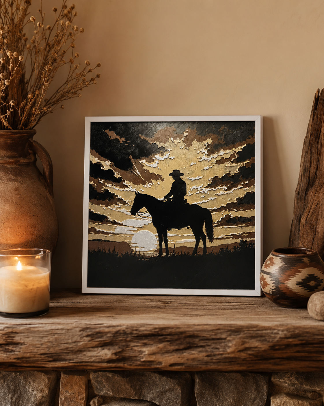 Cowboy Sunset Layered Wall Art – 8" Western Horse Décor – Framed Rustic Cowboy Art