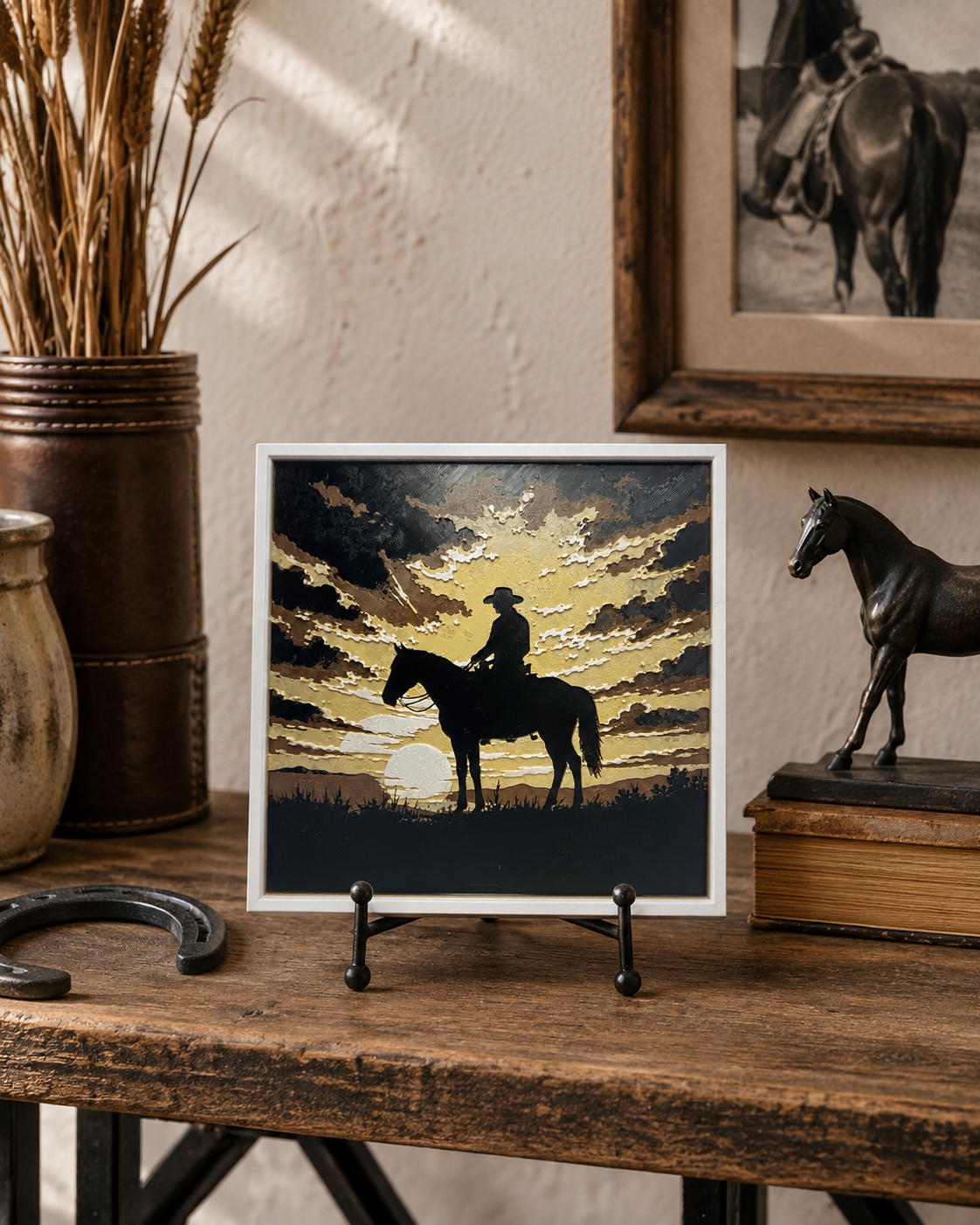 Cowboy Sunset Layered Wall Art – 8" Western Horse Décor – Framed Rustic Cowboy Art