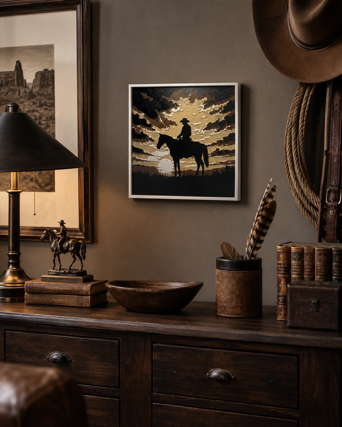 Cowboy Sunset Layered Wall Art – 8" Western Horse Décor – Framed Rustic Cowboy Art
