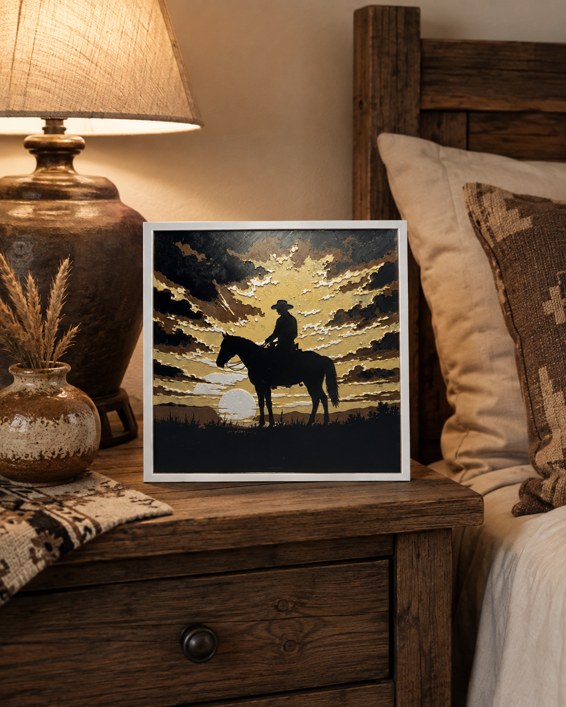 Cowboy Sunset Layered Wall Art – 8" Western Horse Décor – Framed Rustic Cowboy Art