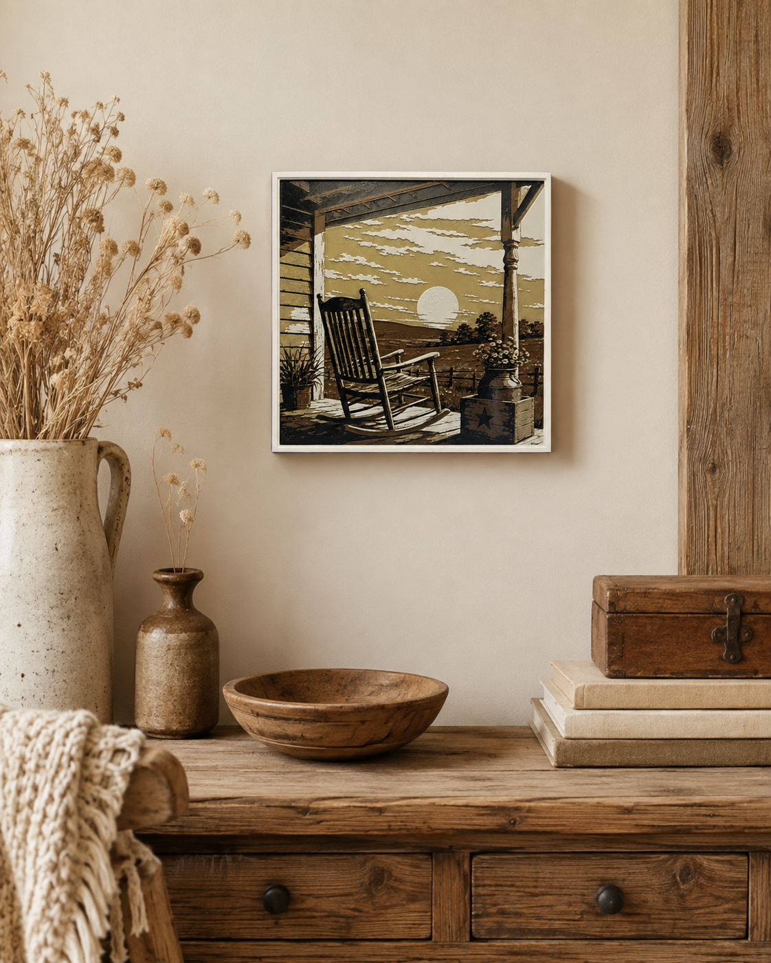 Sunset Porch Rocking Chair Layered Wall Art – Rustic Country Home Decor