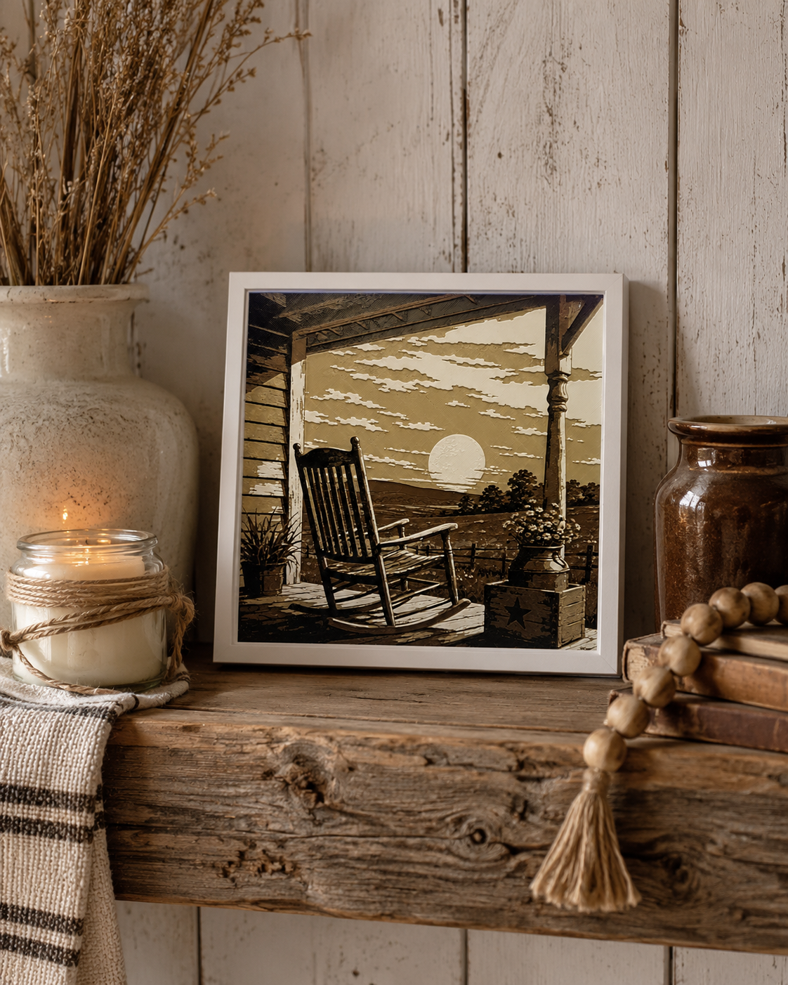 Sunset Porch Rocking Chair Layered Wall Art – Rustic Country Home Decor